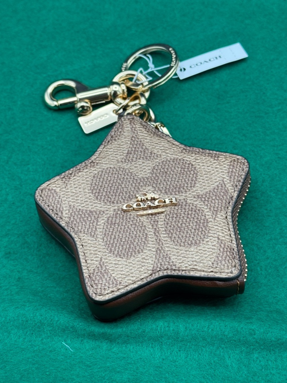 COACH Beige Brown Signature Star Key & Coin Holder with Gold Hardware